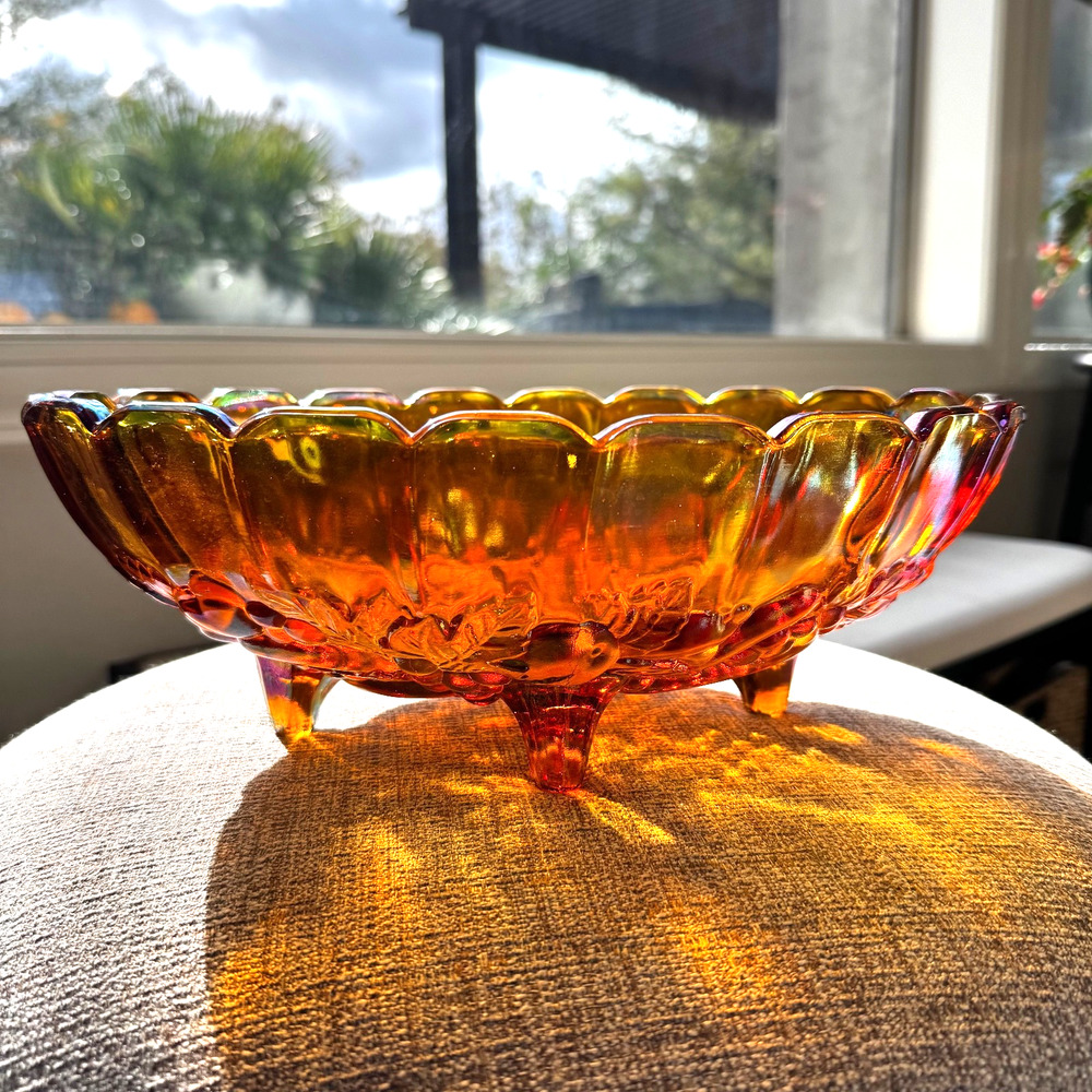 Vintage Indiana-Inspired Carnival Glass Marigold Footed Harvest Bowl Fall Decor